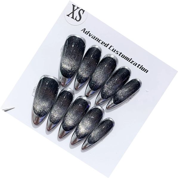 Unhas Falsas Emmabeauty Pressão Artesanal em Unhas Comprimento Médio Forma de Gota de Água Francês Olho de Gato Preto Removível.No.24445 231121