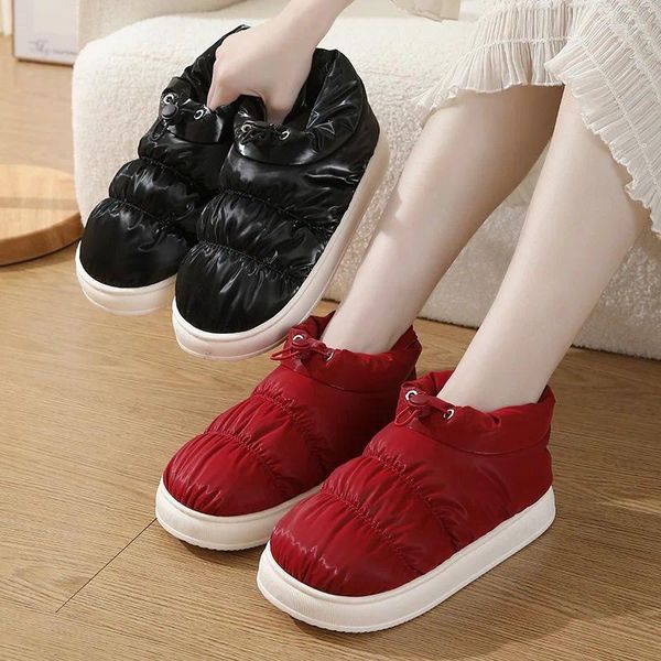 Chinelos de algodão outono inverno para baixo penas mulheres sapatos antiderrapante impermeável simplicidade quente confortável grosso sola