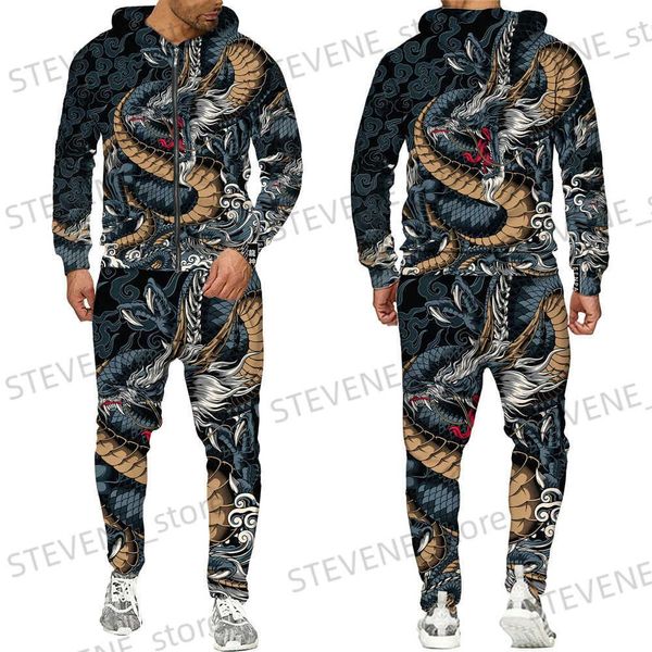 Masculinos Tracksuits Outono 3D Oriental Dragão Deus Impresso Mens Suéter Com Capuz Conjunto Masculino Japonês Samurai Tatuagem Zipper 3D Tracksuit Homens Roupas Terno T231122