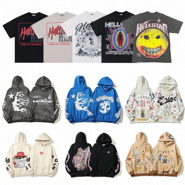 Hellstar Hoodies Designer Camisas Homens Solto Hoodie Tees High Street Camiseta Rapper Lavagem Cinza Pesado Artesanato Unissex Manga Curta Mulheres Pulôver Tops S-2XL