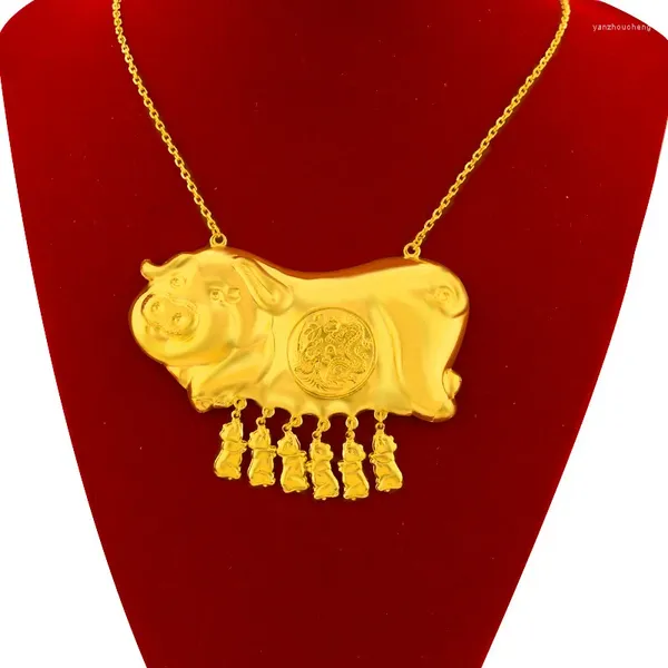 Pingentes 24k cor de ouro puro sólido bonito porco pingente colar para mulheres noiva sorte amarelo corrente colares jóias finas presentes