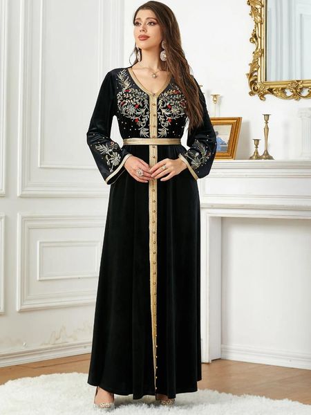 Ethnische Kleidung Samt Abaya für Frauen Stickerei Perlen Arabische Abendkleider Muslim Herbst Winter Party Gürtel Marokkanischer Kaftan Ramadan