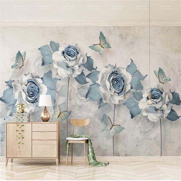 Personalizado qualquer tamanho papel de parede 3d elegante flor borboleta luz azul sala estar quarto fundo decoração da parede wallpaper279j