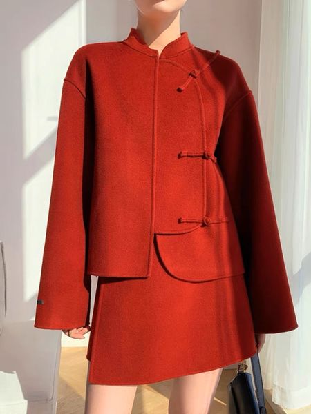 China vermelho 2 peças conjunto blazer + mini saia hanfu terno vestido de festa luxo feito à mão mini para meninas jaqueta curta verão