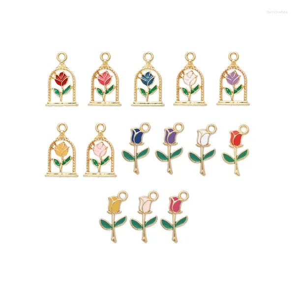 Colares de pingente 10 pçs/lote flor eterna rosa óleo esmalte diy encantos para saco brinco colar jóias fazendo artesanal