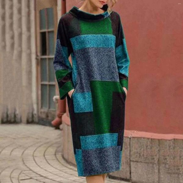 Casual Kleider Vintage Patchwork Kleid Dame Herbst Winter Große Größe Lange Ärmeln Frau Sweatshirt Lose Mittellange Robe