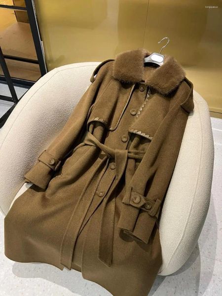 Женские тренчи, кашемировое пальто с завязкой на талии, повседневная мода, осень 2024, 1111