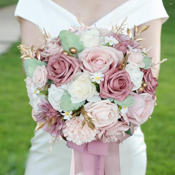 Fiori decorativi Yan Dusty Rose Bouquet da sposa di fiori artificiali per la sposa Lancio di bouquet Decorazione di anniversario di cerimonia nuziale rustica