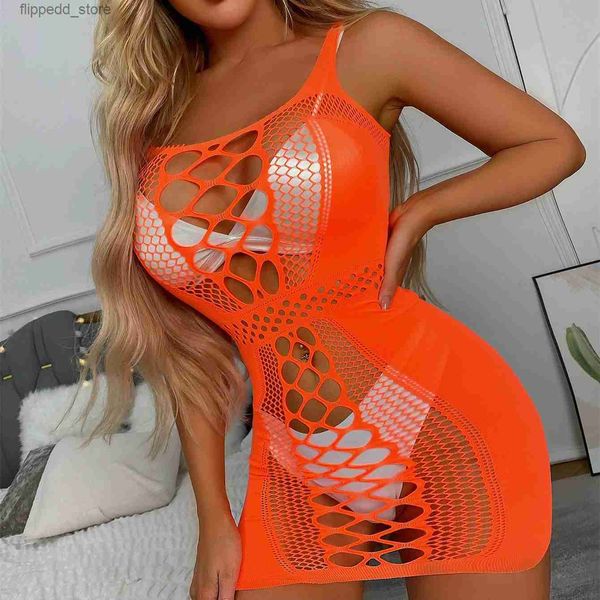 Sexy meias nova laranja transparente camisola para mulheres sexo porno nightwear fishnet babydolls chemises lingerie erótica ver através do vestido q231122