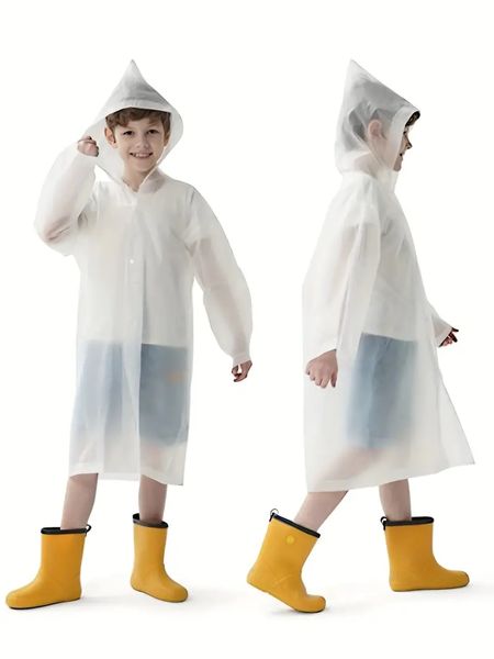 1pc crianças eva branco impermeável reutilizável capa de chuva com capuz para meninos e meninas ao ar livre, adequado para 6-10 anos de idade