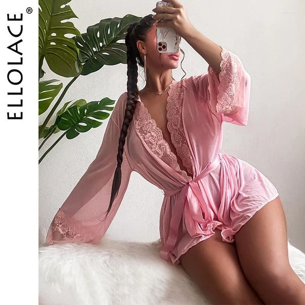 Damen-Nachtwäsche Ellolace Sexy Spitzenrobe Langarm Hellrosa Nachtwäsche Brautjungfern Geschenke Up Nighty Pyjama