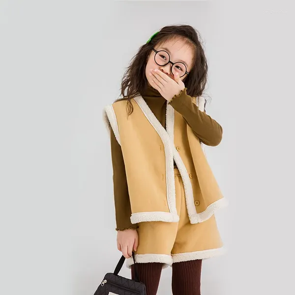 Комплекты одежды Детский комплект 2023 Зимний модный жилет в корейском стиле для девочек и короткий повседневный простой теплый комплект из двух предметов для