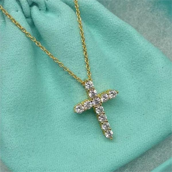 S925 посеребренный крест дизайнерский кулон ожерелья для женщин блестящий бриллиантовый кристалл звено цепи колье ожерелье ювелирный подарок