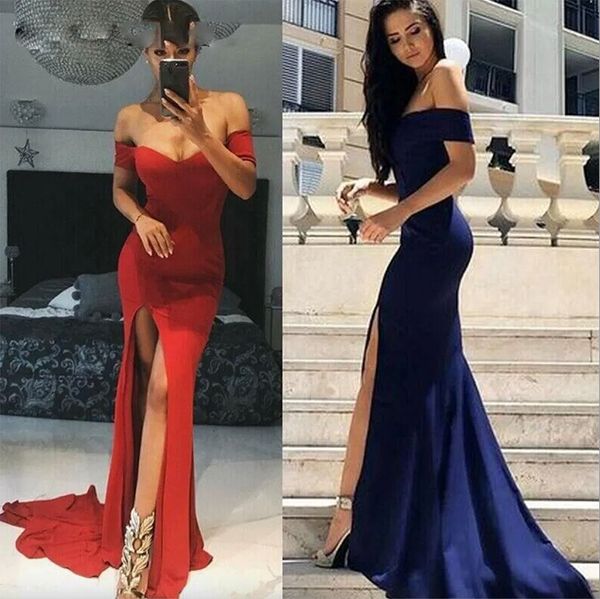 2023 árabe elegante sereia vestidos de noite longo luxo feminino fora do ombro sem mangas azul escuro vestido de baile com lado dividir vestidos de baile