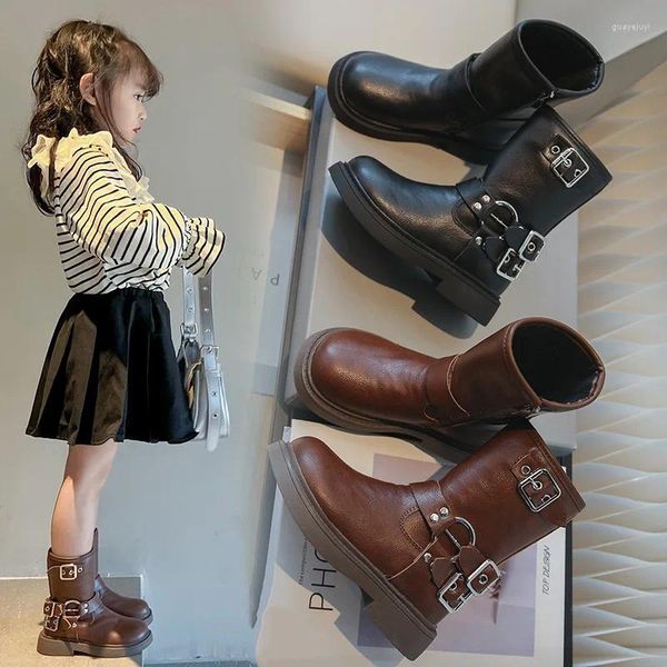 Botas menina bota cinto fivela sapato de bebê para menino designer de couro