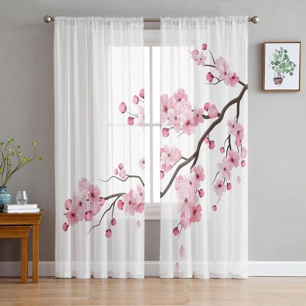 Cortina japonesa Flor rosa Flor de cerejeira Branco cortinas pura para a sala Tule Windows Voile Fio Strato Quarto