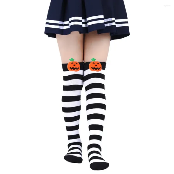Meias femininas listradas acima do joelho, meias femininas fofas de abóbora para halloween de 6 a 12 anos, meias longas de outono