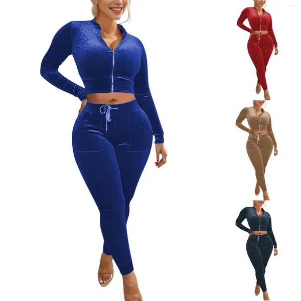 Calças femininas de duas peças 2023 elegante agasalho cortado topo manga longa fino ajuste casual cintura exposta veludo senhoras finesse esporte pantsuit