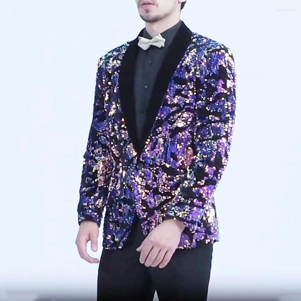 Abiti da uomo di lusso paillettes colorate banchetto festa giacca di velluto uomo slim fit collo a scialle glitter palcoscenico giacca da ospite smoking da sposa