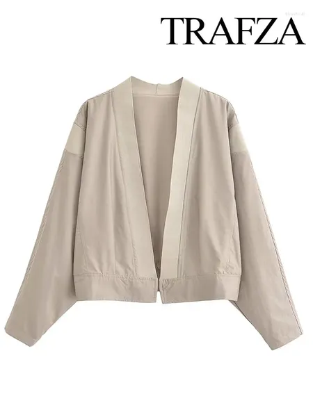 Giubbotti da donna TRAFZA Autunno Donna Moda Casual Bomber Giacca con scollo a V Manica lunga Top Donna Chic Vintage Solido Cappotto pilota allentato