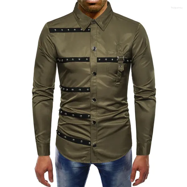 Camisas casuais masculinas homens botão acima camisa vintage rebite listra lapela colarinho manga longa magro streetwear homem gótico vestido de noite