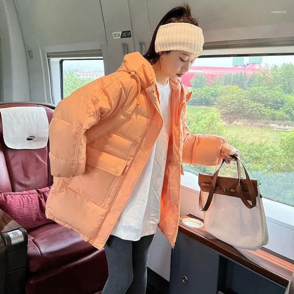 Frauen Trenchcoats Koreanische Orange Mit Kapuze Kurze Daunen Baumwolle Jacke 2023 Winter Frauen Casual Lose Große Tasche Verdicken Warme Baumwolle gepolstert