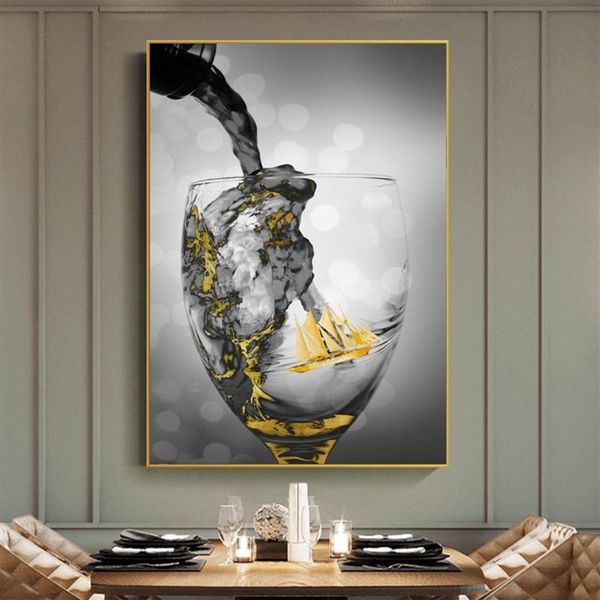 Copos de vidro de vinho cartaz dourado pintura em tela abstrato barco quadros arte da parede para sala estar moderna decoração casa sem moldura287o