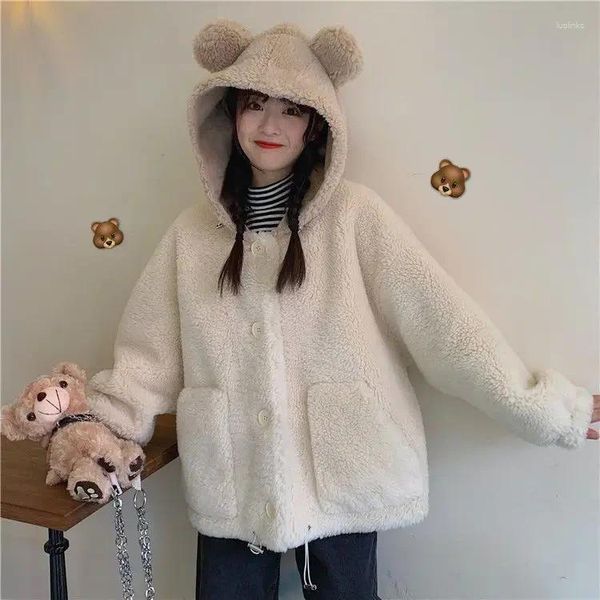 Damenjacken Frauen Kawaii Mit Kapuze Winter Koreanische Weiche College Einreiher Mädchen Outwear Mäntel Einfache Süße Weibliche Kleidung