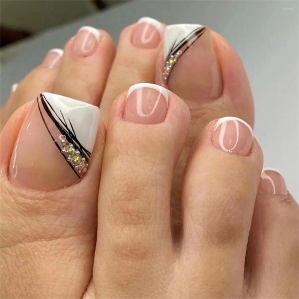 Накладные ногти 24p Искусственный акрил для дизайна ногтей с бриллиантами на ногах Глянцевая квадратная головка Ногти на ногах Полное покрытие Съемный дизайн