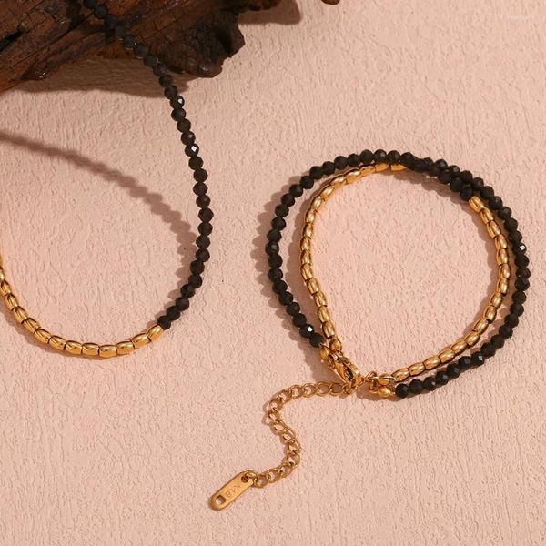 Colar brincos conjunto e b belle loja oficial obsidian grânulos vertente camadas duplas envoltório pulseiras colares jóias para mulher corrente preta