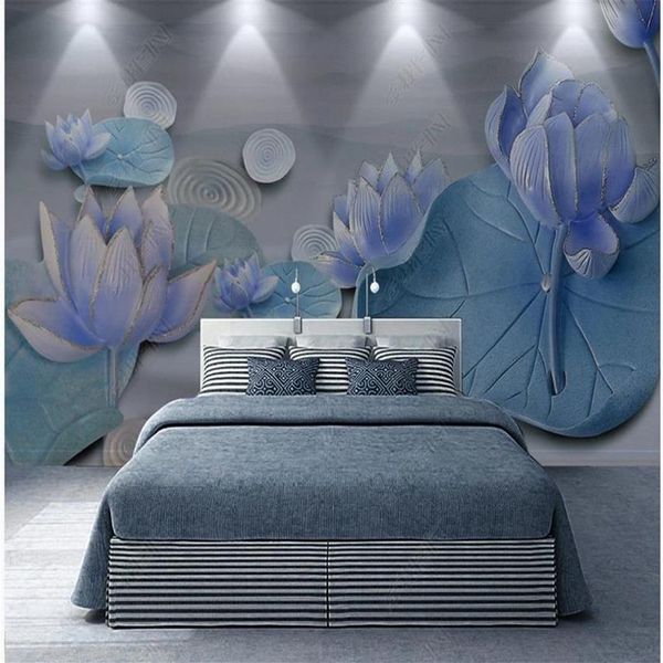 Papel de parede 3d relevo tridimensional lotus lagoo luar a luz da sala de estar de fundo decoração de parede pintura262f