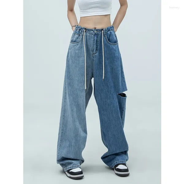 Jeans da donna Estate Vintage Colori a contrasto Coulisse Moda Pantaloni a vita alta strappati Pantaloni da strada larghi in denim a gamba larga