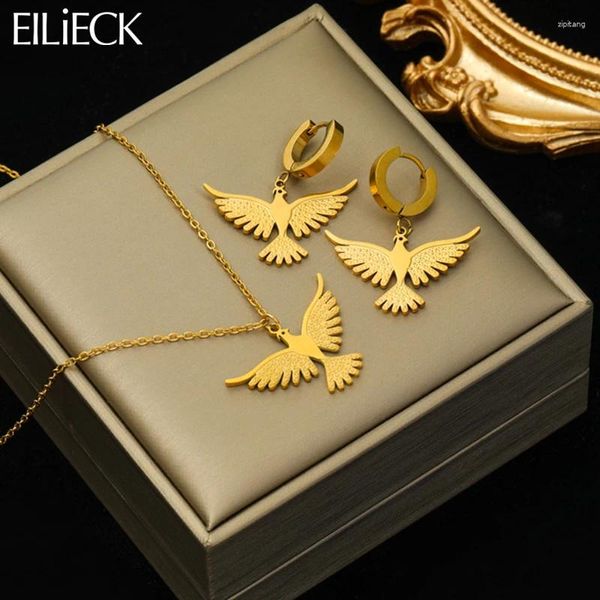 Conjunto de brincos de colar EILIECK 316L aço inoxidável cor dourada Phoenix Eagle pingente para mulheres moda à prova d'água joias presente