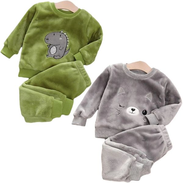 Pijamas bebê meninos inverno conjunto de pelúcia com capuz jaqueta 2 peça crianças casual ártico veludo treino meninas roupas 231122