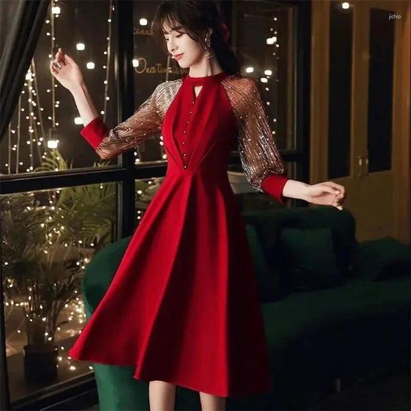 Abiti casual Donna Festa Sposa Primavera Vino Rosso Abito da fidanzamento Matrimonio Manica lunga con cintura Banchetto Elegante 2024