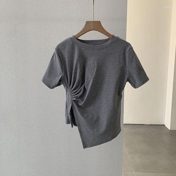 Herren-T-Shirts, Damen, unregelmäßige, schräge Falten, geschlitztes T-Shirt, kurzärmeliges Oberteil, lockerer, lässiger Pullover, einfarbig, Rundhalsausschnitt, Sommer