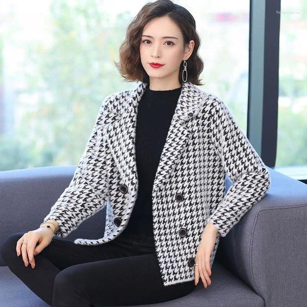 Pele feminina houndstooth xadrez xadrez casaco fofo jaqueta 2023 designer de luxo preto e branco verificar casaco feminino