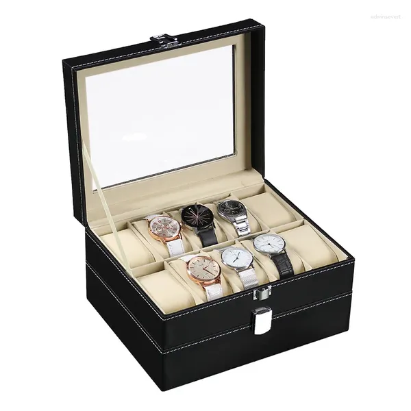 Caixas de relógio de dupla camada 20 slot caixa de armazenamento de jóias organizador preto pu couro display presente homens mulher jóias