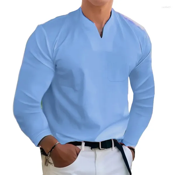 Homens camisetas outono v-pescoço pulôver primavera moda cor pura formal 2023 roupas masculinas magro manga longa tops masculino streewtear