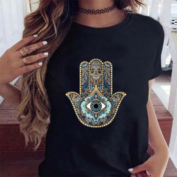 Kadın T-Shirt Hamasa Fatima Baskı T-Shirts Lucky Hamsa Harajuku Unisex T Shirts Yaz Kısa Kollu Siyah Üst Tees Kadın 230422