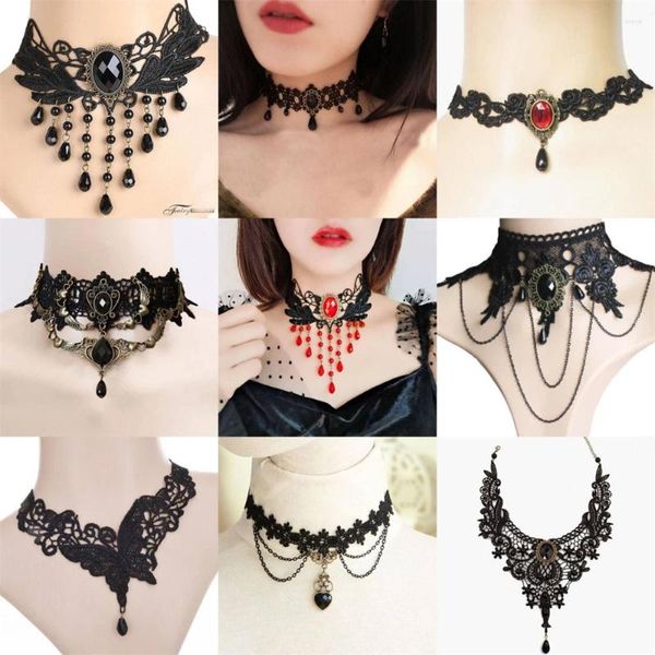 Anhänger Halsketten NCEE Gothic Black Lace Choker Halskette für Frauen Vintage Quaste Schlüsselbein Kette Halloween Kragen Steampunk Party Schmuck G