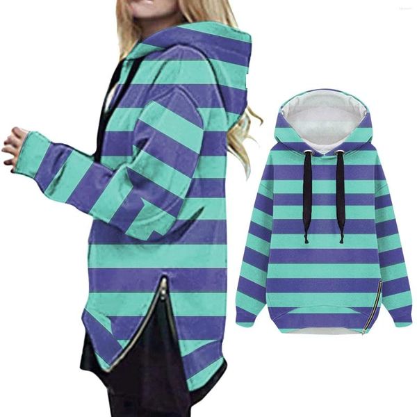 Giacche da donna Felpe con cappuccio a righe alla moda Cappotto Autunno Inverno Tasche calde con coulisse Cerniera aperta Cardigan lungo con cappuccio sottile Capispalla