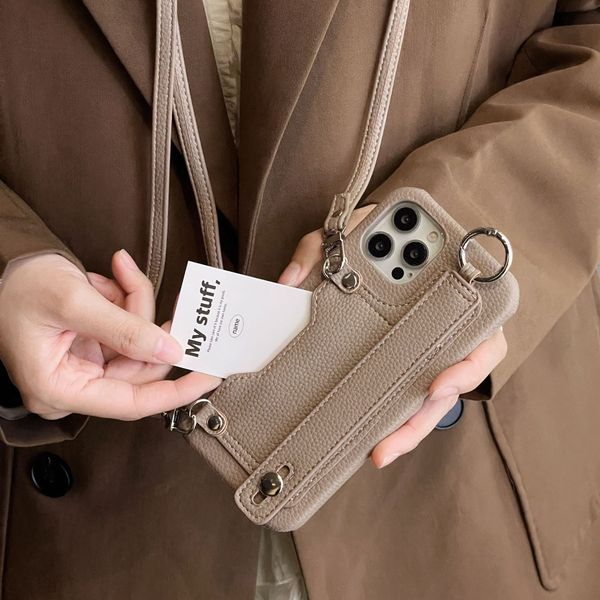 Caso carteira de telefone celular com alça de cordão titular do cartão de pulso carteira saco para i telefone xr 11 12 13 14 15 couro crossbody carteira