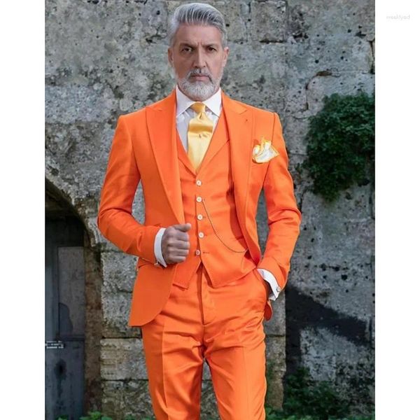 Ternos masculinos laranja blazer conjunto completo roupas masculinas lapela repicada único breasted 3 peça jaqueta calças colete fino ajuste formal ocasião 2023