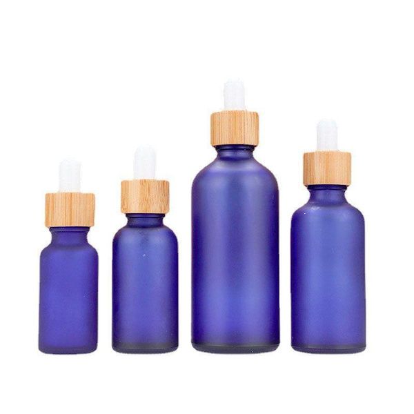 Mattglas-Tropfflaschen für ätherische Öle. Blaue, bernsteingrüne Serumflasche mit Bambus-Reagenzpipettenkappe, 10 ml, 20 ml, 30 ml, 50 ml, 100 ml