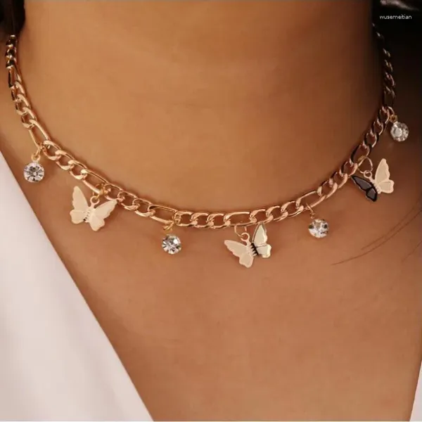 Correntes moda versátil personalidade borboleta strass clavícula colar simples camada única festa jóias presente