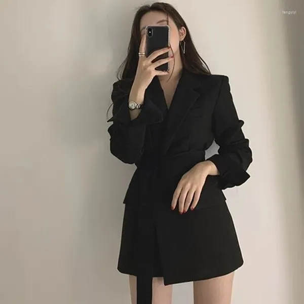 Ternos femininos mulheres outono blazer vestido feminino 2023 manga longa faixas curto fino negócio chique jaqueta