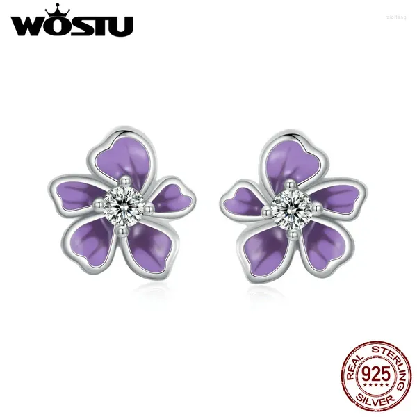 Creolen WOSTU Echt 925 Sterling Silber Mystic Lila Blume Stud Öffnung Zirkon Ring Für Frauen Party Schmuck Mädchen Geburtstag Geschenk