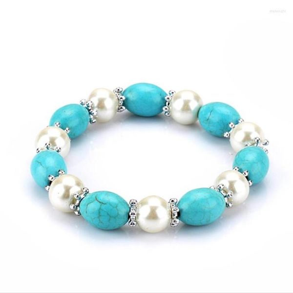 Strand FYSL Bracciale elastico con pietre di turchese verde placcato argento Connect Perle per gioielli regalo per feste