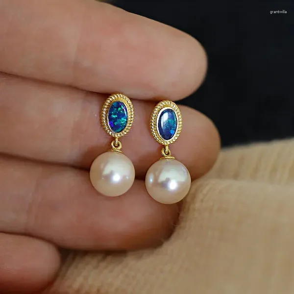 Orecchini pendenti in autentico argento sterling 925 con perla vintage goccia blu opale gioielli in stile retrò francese per le donne